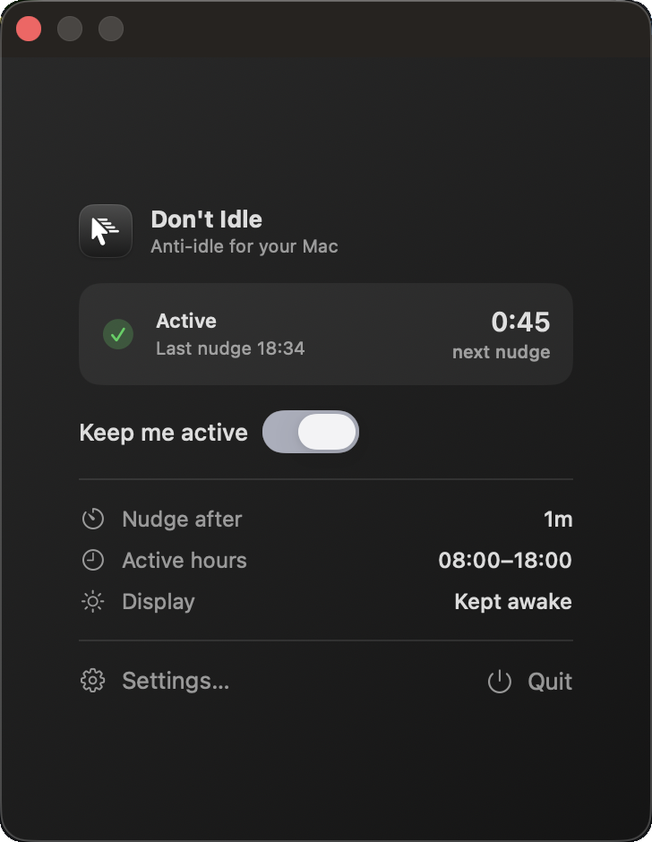 Don't Idle menu-bar popover showing an active status and the next nudge countdown